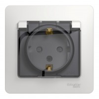Розетка SYSTEME ELECTRIC GLOSSA, скрытый монтаж, с заземлением, с крышкой, со шторками, белый