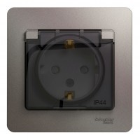 Розетка SYSTEME ELECTRIC GLOSSA, скрытый монтаж, с заземлением, с крышкой, со шторками, платина