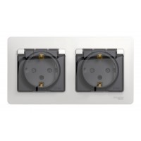 Розетка двухместная SYSTEME ELECTRIC GLOSSA, скрытый монтаж, с заземлением, с крышкой, со шторками, белый, GSL000147
