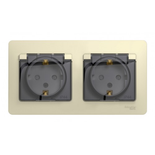 Розетка двухместная SYSTEME ELECTRIC GLOSSA, скрытый монтаж, с заземлением, с крышкой, со шторками, бежевый