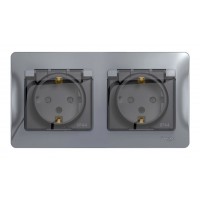 Розетка двухместная SYSTEME ELECTRIC GLOSSA, скрытый монтаж, с заземлением, с крышкой, со шторками, алюминий, GSL000347
