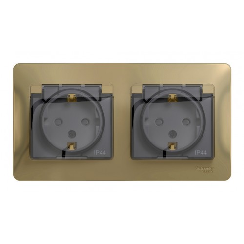 Розетка двухместная SYSTEME ELECTRIC GLOSSA, скрытый монтаж, с заземлением, с крышкой, со шторками, титан, GSL000447