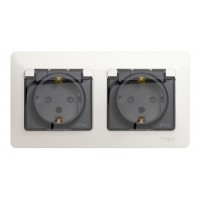 Розетка двухместная SYSTEME ELECTRIC GLOSSA, скрытый монтаж, с заземлением, с крышкой, со шторками, перламутр, GSL000647