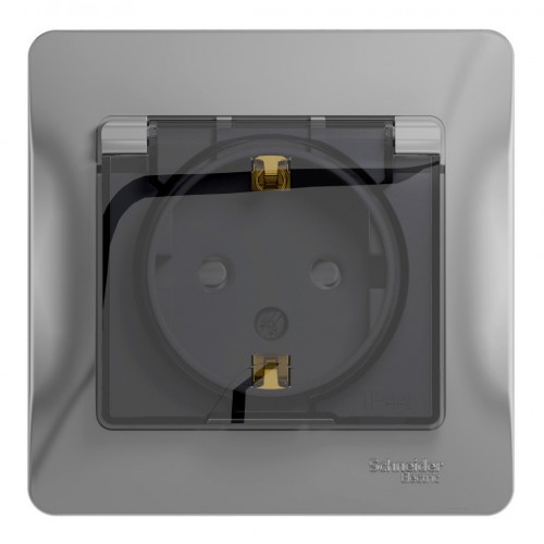 Розетка SYSTEME ELECTRIC GLOSSA, скрытый монтаж, с заземлением, с крышкой, со шторками, алюминий