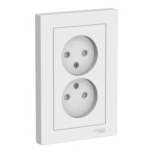 Розетка двухместная с рамкой SYSTEME ELECTRIC ATLASDESIGN, скрытый монтаж, без заземления, со шторками, винтовые клеммы, белый