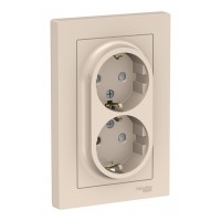 Розетка двухместная с рамкой SYSTEME ELECTRIC ATLASDESIGN, скрытый монтаж, с заземлением, со шторками, винтовые клеммы, бежевый
