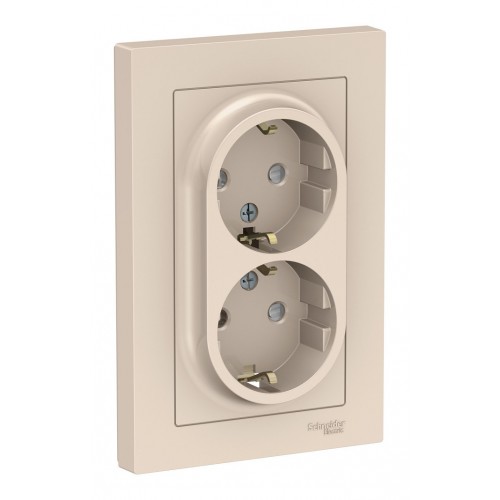 Розетка двухместная с рамкой SYSTEME ELECTRIC ATLASDESIGN, скрытый монтаж, с заземлением, со шторками, винтовые клеммы, бежевый
