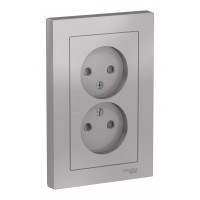 Розетка двухместная SYSTEME ELECTRIC ATLASDESIGN, скрытый монтаж, без заземления, со шторками, винтовые клеммы, алюминий