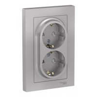 Розетка двухместная SYSTEME ELECTRIC ATLASDESIGN, скрытый монтаж, с заземлением, со шторками, винтовые клеммы, алюминий