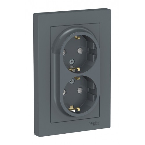Розетка двухместная SYSTEME ELECTRIC ATLASDESIGN, скрытый монтаж, с заземлением, со шторками, грифель