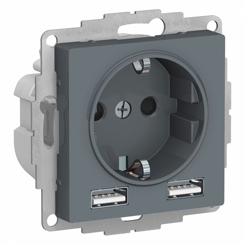 Розетка с USB SYSTEME ELECTRIC ATLASDESIGN, скрытый монтаж, с заземлением, грифель