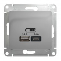 Розетка 2xUSB SYSTEME ELECTRIC GLOSSA, скрытый монтаж, алюминий, GSL000339