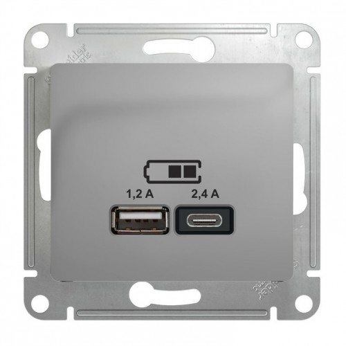 Розетка 2xUSB SYSTEME ELECTRIC GLOSSA, скрытый монтаж, алюминий, GSL000339