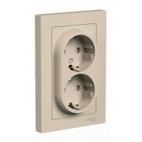 Розетка двойная SYSTEME ELECTRIC ATLASDESIGN, скрытый монтаж, с заземлением, со шторками, песочный, ATN001226