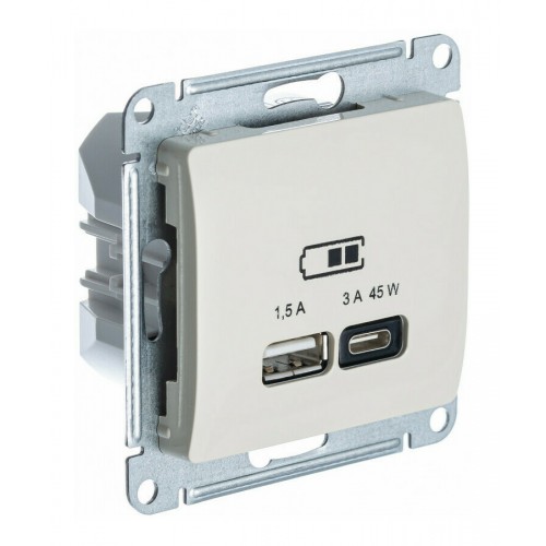 Розетка USB+USB type C SYSTEME ELECTRIC GLOSSA, скрытый монтаж, молочный, GSL000929