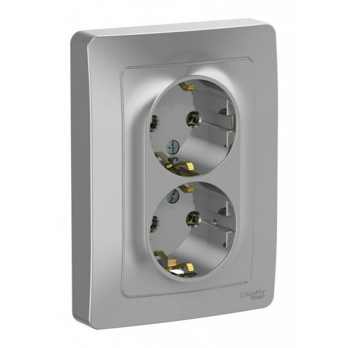 Розетка двухместная SYSTEME ELECTRIC BLANCA, скрытый монтаж, с заземлением, алюминий, BLNRS001023