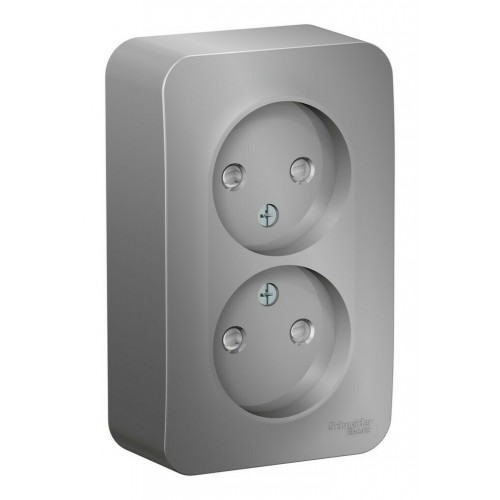 Розетка двухместная SYSTEME ELECTRIC BLANCA, открытый монтаж, без заземления, со шторками, алюминий