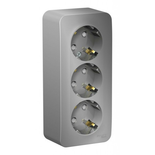 Розетка трехместная SYSTEME ELECTRIC BLANCA, открытый монтаж, с заземлением, со шторками, алюминий, BLNRA011313