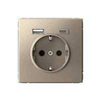 Розетка с USB+USB type C SYSTEME ELECTRIC ARTGALLERY, скрытый монтаж, с заземлением, со шторками, шампань, GAL000532