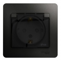 Розетка SYSTEME ELECTRIC GLOSSA, скрытый монтаж, с заземлением, с крышкой, со шторками, антрацит